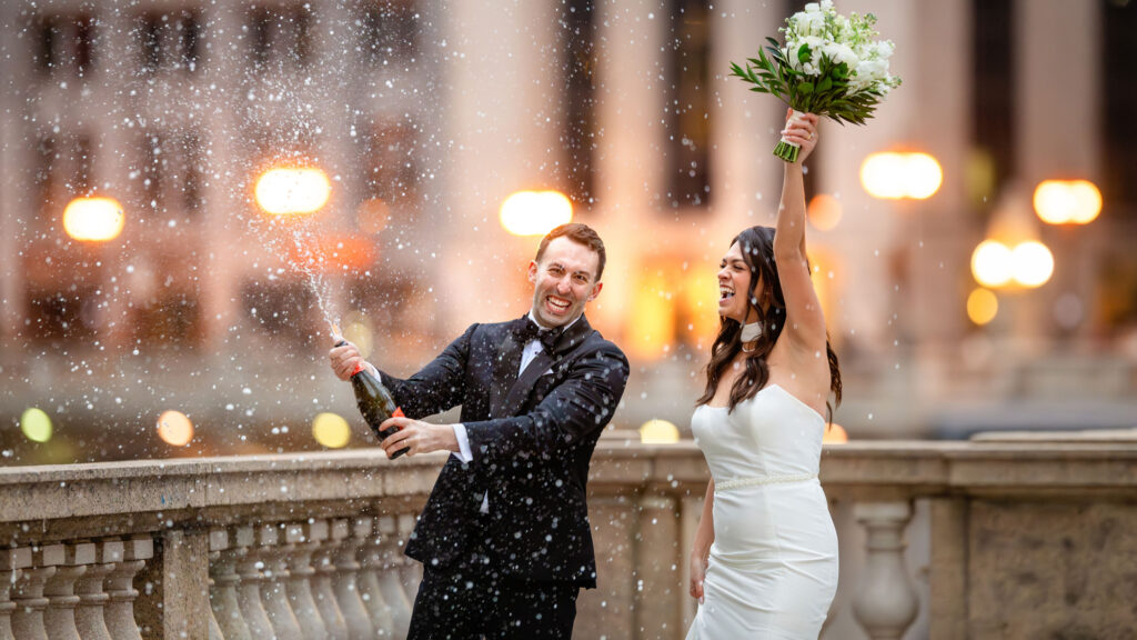 Jeff and Isabel winter wedding portraits along the Chicago River at sunset